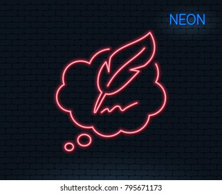 Neon light. Copywriting speech bubble line icon. Feather sign. Copyright symbol. Glowing graphic design. Brick wall. Vector