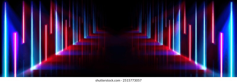 Neon light corridor background. Abstract led and laser stage in futuristic club room. Empty dance concert hall for fashion party. Cyber interior bg with catwalk and glow line in pink and blue.