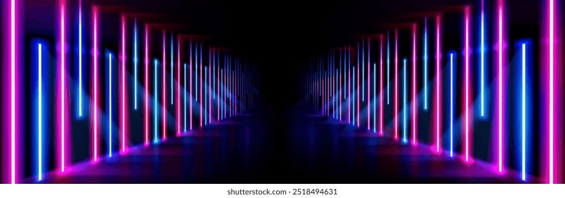 Neon light corridor background. Abstract led and laser stage in futuristic club room. Empty dance concert hall for fashion party. Cyber interior bg with catwalk and glow line in pink and blue.