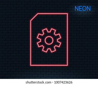 Neon light. Document Management line icon. Information File with Cogwheel sign. Paper page concept symbol. Glowing graphic design. Brick wall. Vector