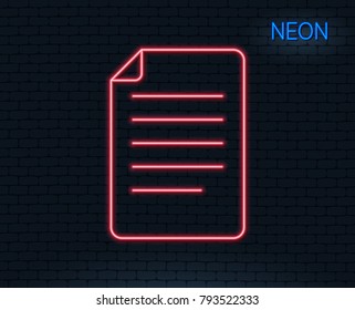 Neon light. Document Management line icon. Information File sign. Paper page concept symbol. Glowing graphic design. Brick wall. Vector