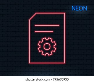 Neon light. Document Management line icon. Information File with Cogwheel sign. Paper page concept symbol. Glowing graphic design. Brick wall. Vector