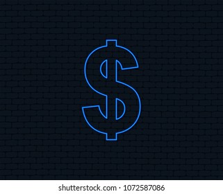 Neon light. Dollars sign icon. USD currency symbol. Money label. Glowing graphic design. Brick wall. Vector