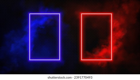 Neon light doors in blue and red smoke on transparent background. Vector realistic illustration of rectangle frame portals surrounded with color mist clouds, magic gate glowing in dark space, teleport