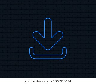 Neon light. Download icon. Upload button. Load symbol. Glowing graphic design. Brick wall. Vector