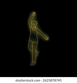 Neon light drawing of a woman dancing with arms raised, creating a vibrant and energetic atmosphere