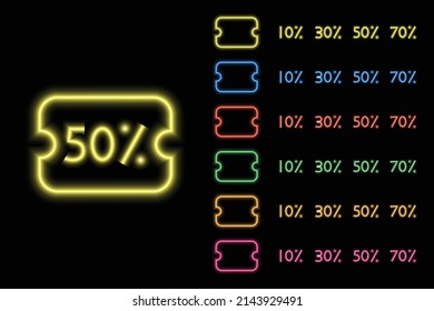 etiqueta de descuento de banner de efecto neón, plantilla de promoción de publicidad diseño vector gráfico