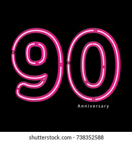 Neon light effect celebrating, anniversary of number 90th year anniversary, neon pink for invitation card, backdrop, label or stationary