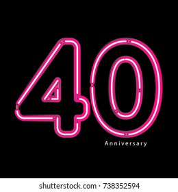 Neon light effect celebrating, anniversary of number 40th year anniversary, neon pink for invitation card, backdrop, label or stationary