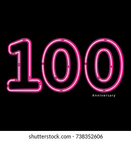 Neon light effect celebrating, anniversary of number 100th year anniversary, neon pink for invitation card, backdrop, label or stationary