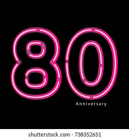 Neon light effect celebrating, anniversary of number 80th year anniversary, neon pink for invitation card, backdrop, label or stationary