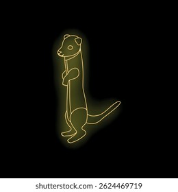 Neon light effect of a ferret standing up on its hind legs, glowing yellow on black background