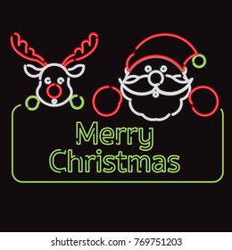 Neon light effect merry christmas santa and deer, neon for invitation card, backdrop, label or stationary