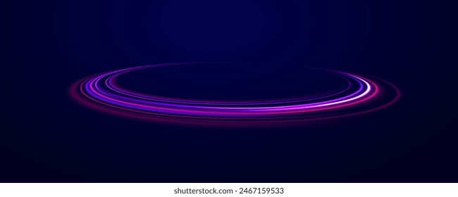 Neon light effect on a winding street. Speed light streaks vector background with blurred fast moving light effect, blue purple colors on black.