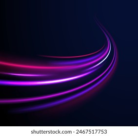 Efecto de luz de neón en una calle sinuosa. Luz de velocidad rayas de fondo de Vector con efecto de luz de movimiento rápido borroso, colores púrpura azul en negro.
