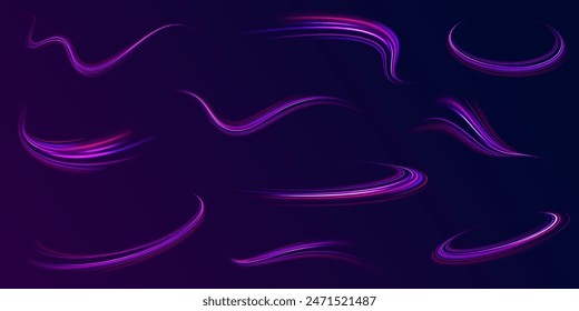 Neon light effect on a winding street. Speed light streaks vector background with blurred fast moving light effect, blue purple colors on black.