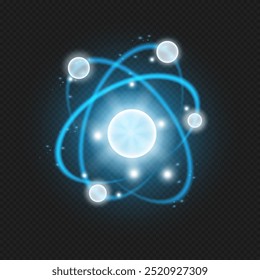 Neon light effect of particle, isolated model of nuclear atom. Vector sign of science of tiny piece structure, fusion orbit spin. Atomic neutron. Molecule fusion. Proton core symbol. Ion element