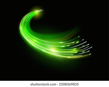 Neon light effect with particles. Vector isolated realistic wave with green brightness. Motion or speed, movement or futuristic development. Fantasy or magic, banner decoration of hi tech products