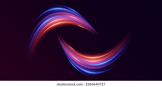 Neon light effect of swirl and speed. The magic of moving fast lines.