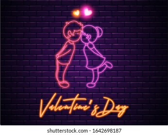 Neon Light Effect Valentine Day Text with Romantic kids Couple on Purple Brick Wall Background.