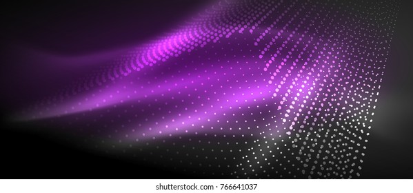 Efectos de luz neón, partículas, concepto de ilustración de big data, vector, color púrpura