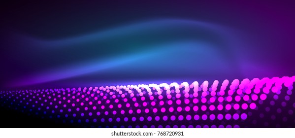 Efectos de luz neón, partículas, concepto de ilustración de big data, vector, color púrpura