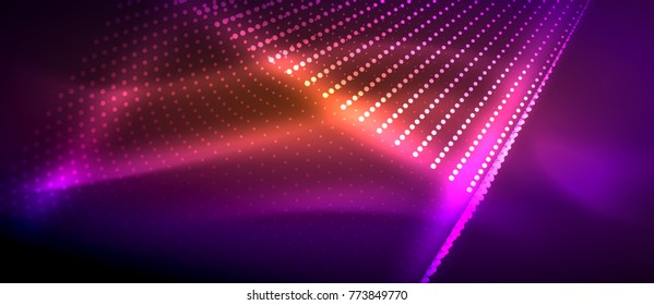Efectos de luz neón, partículas, concepto de ilustración de big data, vector, color púrpura