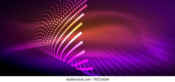 Efectos de luz neón, partículas, concepto de ilustración de big data, vector, color púrpura