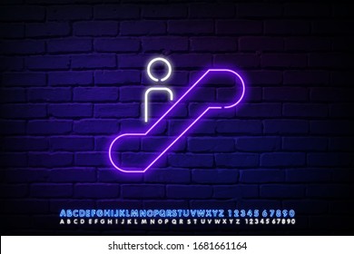 Neon light. Escalator staircase icon. Elevator moving stairs down symbol. Glowing graphic design. Brick wall. Vector