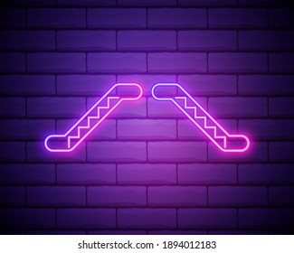 Neon light. Escalator staircase icon. Elevator moving stairs down and up symbol. Glowing graphic design. Brick wall. Vector