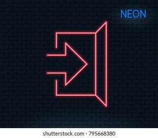 Neon light. Exit line icon. Open door sign. Entrance symbol with arrow. Glowing graphic design. Brick wall. Vector