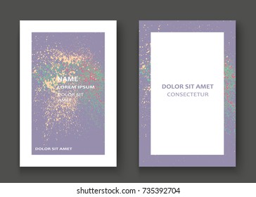 Neon light explosion paint splatter artistic cover frame design. Decorative splash spray texture purple pastel background. Trendy template vector Cover Report Catalog Brochure Flyer Poster Banner