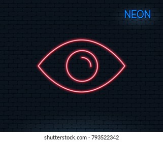 Neon light. Eye line icon. Look or Optical Vision sign. View or Watch symbol. Glowing graphic design. Brick wall. Vector