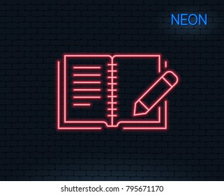 Neon light. Feedback line icon. Book with pencil sign. Copywriting symbol. Glowing graphic design. Brick wall. Vector