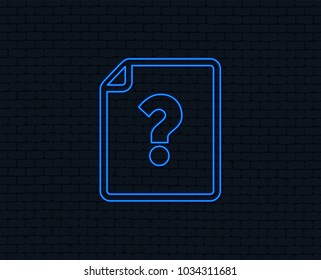 Neon light. File document help icon. Question mark symbol. Glowing graphic design. Brick wall. Vector