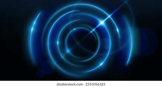 Neon light flare circles on black background. Vector realistic illustration of round blue lines glowing in darkness, lens refraction, shiny halo, futuristic teleport, sparkling space galaxy portal