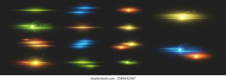 Neon light flash effects. Colored highlights of lines and stars.
