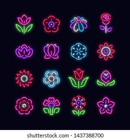Neon light flowers vector line icon set