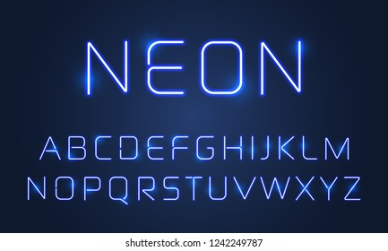 Neon light font alphabet letters set. Vector blue ultraviolet neon alphabet font with light tube lamps effect