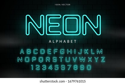 Neon light font alphabet vector with glowing blue effect. 