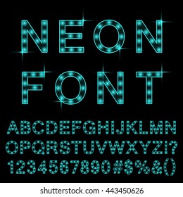 Neon light font cyan color. Glowing alphabet isolated and transparent. Vector. 