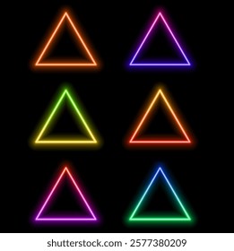 Neon light frame box line triangle background. Led neon glow vector shape banner sign triangle background frame..