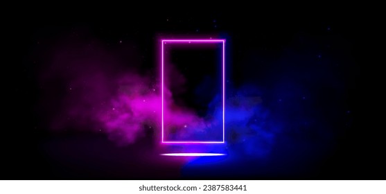 Neon light frame in cloud of smoke on black background. Vector realistic illustration of rectangle pink and blue border, transparent haze, stars sparkling in night sky, nightclub stage decoration