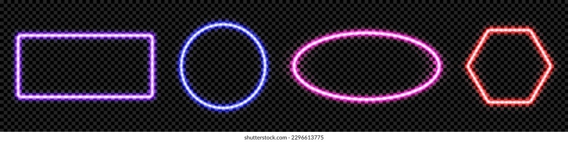 Neon light frame with glow square, rectangle geometric hexagon shape border vector. Led line sign with electric laser shine cyber effect in pink, red and blue isolated on black transparent background.