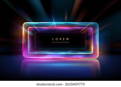 Neon light frame with rays on black background