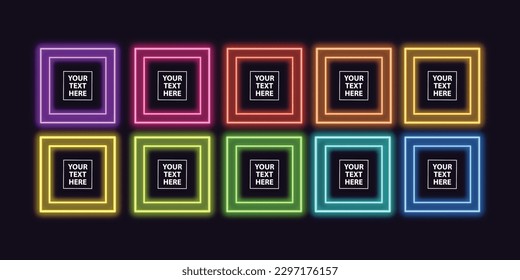 
Neon Light Frame Square . A collection of square neon borders featuring a dual outline. Geometric shape with copy spaces. Purple, Violet, Pink, Red, Orange, Yellow, Green, Blue colors. Vector