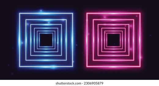 Neon Light Frame Square. A collection of square neon borders featuring a dual outline. Geometric shape with copy spaces. Red and Blue colors. Vector
