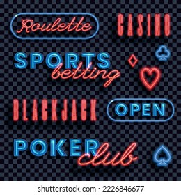 Neon light frames realistic set of isolated billboards for casino and night club on dark transparent background isometric vector illustration