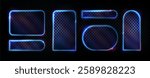 Neon light frames set with glowing blue borders on transparent background. Glass effect geometric shapes - rounded rectangle, circle with luminous edges. Bright frames collection for futuristic design