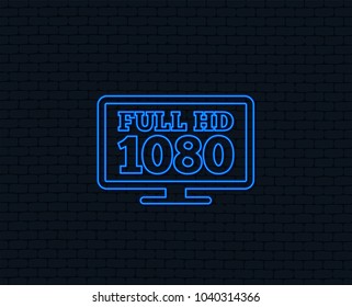 Neon light. Full hd widescreen tv sign icon. 1080p symbol. Glowing graphic design. Brick wall. Vector